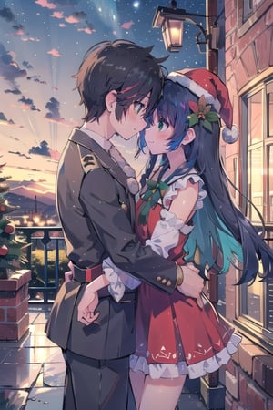 (masterpiece), scenery, night, 1girl, blue eyes, christmas red dress, black hair, long hair, bangs,  smile, blush, hat flower, closed mouth, frills, long sleeves, sole_male, green eyes, black suit, cloud, standing, bare shoulders, colored inner hair, detached sleeves, lamppost, bow, hat bow, multicolored hair, Christmas, SantaLap, forehead to forehead kiss, High detailed,kawaiitech