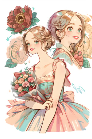 (masterpiece, best quality), hyperdetailed, warm pastel colour, flat color, brown, ultra detailed, smile, detailed eyes, 1 girl, grey braid hair, ((she wears only vintage dress, holding bouquet)), charismatic, character sheet, (multiple views, upper body, side body, back body, reference sheet:1),(lora:GirlfriendMix2:1),monochrome,sketch,greyscalee,watercolor, vintagepaper,perfect,hand,fingers