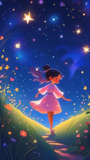 Create an enchanting scene of a young girl with white skin, beautiful face, strolling atop a hill beneath a starlit sky, lost in contemplation. Capture the serene landscape of a lush hill, adorned with flowers, while the night sky above is filled with a myriad of twinkling stars. Illustrate the girl's walking motion, each step gently pressing into the grass and stones. Choose a simple and flowing attire, perhaps a light dress or jeans and a shirt, reflecting the carefree ambiance of the night. Emphasize the movement of her hair swaying in the wind, adding a dynamic touch to the composition. Include elements such as constellations and shooting stars to enhance the dreamlike atmosphere of the celestial backdrop. Highlight any accessories or items she may hold, contributing to the narrative. Illuminate the scene with the soft glow from the stars above and ambient ground lights, weave a visual tale of a thoughtful girl navigating the hill, merging the tranquility of nature with the magic of the night sky, High detailed ,firefliesfireflies,yofukashi background,Flat vector art,Flat Design