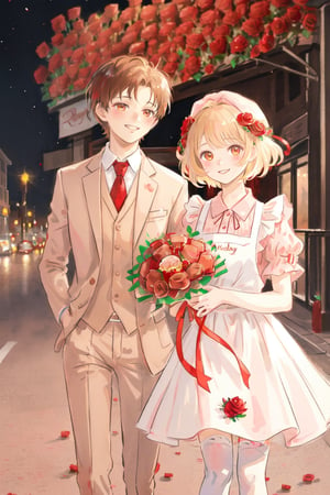 1girl, smile, blonde hair, wear pink dress ,white thighhighs,white apron,cross-laced clothes. ((1boy wear suit, brown short hair)), ((the boy gives red roses bouquet to the girl in an outdoor street at midnight)),  masterpiece, best quality, looking at each other, vintage fantasy, watercolor, warm pastel colour tone, colourpencil style, close up, valentine's_day, 2 persons stand opposite