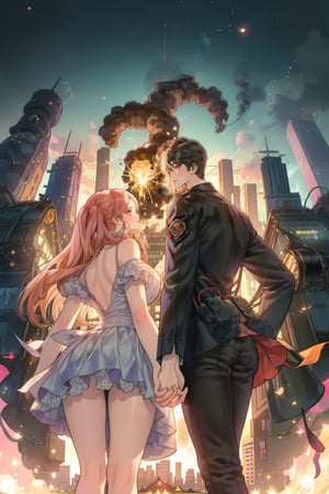 1boy and 1girl, back view, holding hands, ((many sparks , bomb explode over a city skyline)), best quality, masterpiece,((BOTTOM VIEW)), cyber_asia, dark night, best hands, perfect hands
