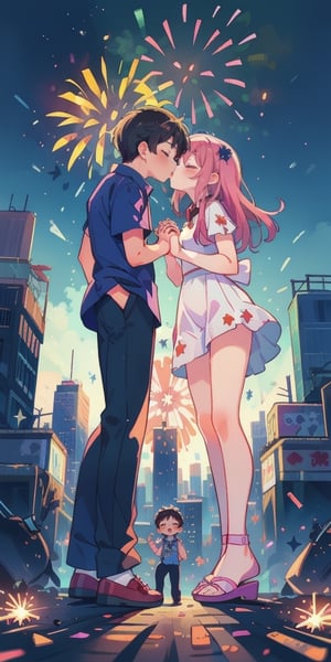 1boy and 1girl, holding hands kiss, close eyes, ((many fireworks explode over a city skyline)) , best quality, masterpiece,((BOTTOM VIEW)), beautiful faces, half body,cyber_asia 