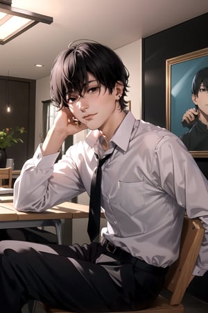 (handsome, black eyes, glowing eyes, sharp eyes,), sexy, looking_at_viewer,  livingroom, an painting of yoshidadef, 1boy, black hair, black eyes, mole under mouth, short hair, school uniform, gakuran, black pants, best hands, perfect hands, perfect, hold the head, sitting on a chair, half body, table