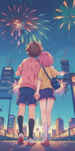Teenage boy and girl, back view, holding hands, watch fireworks explode over a city skyline,best quality, masterpiece,BOTTOM VIEW,yofukashi background
