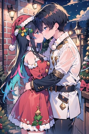 (masterpiece), scenery, night, half body, 1girl, blue eyes, christmas red dress, black hair, long hair, bangs,  smile, blush, hat flower, closed mouth, frills, long sleeves, sole_male, close eyes, black suit, cloud, standing, bare shoulders, colored inner hair, detached sleeves, lamppost, bow, hat bow, multicolored hair, Christmas, SantaLap, High detailed, properkissing, Standing Kiss