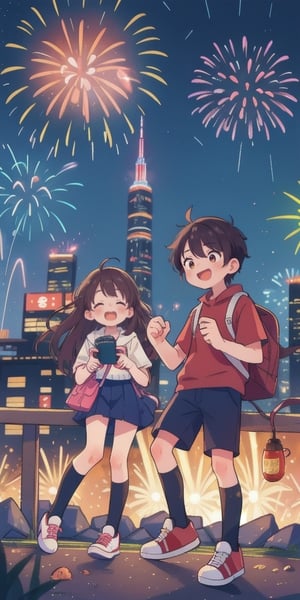 Teenage boy and girl watch fireworks explode over a Tokyo skyline, marking the beginning of the new year,best quality, masterpiece