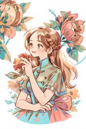 (masterpiece, best quality), hyperdetailed, warm pastel colour, flat color, brown, ultra detailed, smile, detailed eyes, 1 girl like anna, frozen, grey long braid hair, ((she wears only brown vintage dress, holding bouquet)), charismatic, character sheet, (multiple views, upper body, side body, back body, reference sheet:1),(lora:GirlfriendMix2:1),monochrome,sketch,greyscalee,watercolor, vintagepaper,perfect, hand, fingers,hand