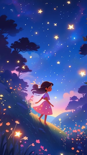 

ChatGPT
"Create an enchanting scene of a young girl strolling atop a hill beneath a starlit sky, lost in contemplation. Capture the serene landscape of a lush hill, adorned with flowers, while the night sky above is filled with a myriad of twinkling stars. Illustrate the girl's walking motion, each step gently pressing into the grass and stones. Choose a simple and flowing attire, perhaps a light dress or jeans and a shirt, reflecting the carefree ambiance of the night. Emphasize the movement of her hair swaying in the wind, adding a dynamic touch to the composition. Include elements such as constellations and shooting stars to enhance the dreamlike atmosphere of the celestial backdrop. Highlight any accessories or items she may hold, contributing to the narrative. Illuminate the scene with the soft glow from the stars above and ambient ground lights. In this 300-character prompt, weave a visual tale of a thoughtful girl navigating the hill, merging the tranquility of nature with the magic of the night sky.",High detailed ,firefliesfireflies,yofukashi background,LinkGirl,Flat vector art,Flat Design