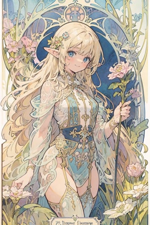 (masterpiece, best quality, highly detailed, ultra-detailed, intricate), illustration, pastel colors, art_nouveau, Art Nouveau by Alphonse Mucha, tarot, A teenage female elf, blonde hair, blue eyes, wearing lingerie, see-through, carrying a cane in her hand, is smiling, (A cute cat next to her),full of innocence, innocence and no fear. The Fool card represents a new beginning, new adventures and challenges, and a spirit of faith, courage, and optimism,watercolor,masterpiece