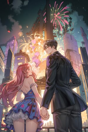 1boy and 1girl, back view, holding hands, ((many fireworks explode over a city skyline)), best quality, masterpiece,((BOTTOM VIEW)), cyber_asia, dark night, best hands, perfect hands