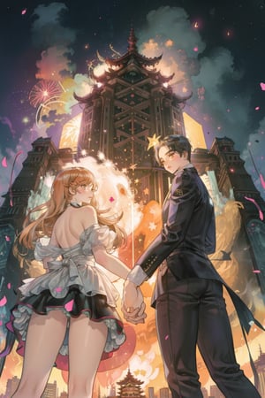 1boy and 1girl, back view, holding hands, ((many fireworks explode over a city sky)), best quality, masterpiece,((BOTTOM VIEW)), cyber_asia, dark night, best hands, perfect hands, perfect, Cyberpunk city