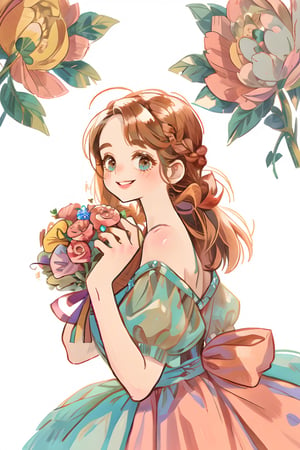 (masterpiece, best quality), hyperdetailed, warm pastel colour, flat color, brown, ultra detailed, smile, detailed eyes, 1 girl, grey long braid hair, ((she wears only brown vintage dress, holding bouquet)), charismatic, character sheet, (multiple views, upper body, side body, back body, reference sheet:1),(lora:GirlfriendMix2:1),monochrome,sketch,greyscalee,watercolor, vintagepaper,perfect, hand, fingers, anna, frozen