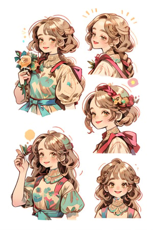 (masterpiece, best quality), hyperdetailed, warm pastel colour, flat color, brown, ultra detailed, smile, detailed eyes, 1 girl, grey braid hair, ((she wears only vintage dress, holding bouquet)), charismatic, character sheet, (multiple views, upper body, side body, back body, reference sheet:1),(lora:GirlfriendMix2:1),monochrome,sketch,greyscalee,watercolor, vintagepaper,perfect,hand,fingers