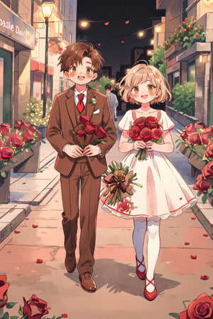 1girl, smile, blonde hair, wear pink dress ,white thighhighs,white apron,cross-laced clothes. ((1boy wear suit, brown short hair)), ((the boy gives red roses bouquet to the girl in an outdoor street at midnight)),  masterpiece, best quality, looking at each other, vintage fantasy, watercolor, warm pastel colour tone, colourpencil style, close up, valentine's_day, 2 persons stand opposite