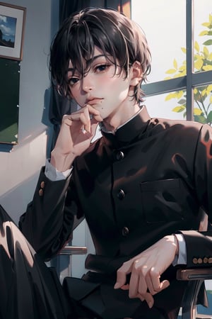 (masterpiece,  best quality:1.4), an painting of yoshidadef, 1boy, black hair, black eyes, short hair, school uniform, gakuran, mole near left eye, black pants, best hands, perfect hands, perfect, daylight,High detailed, portrait, hand on own chin