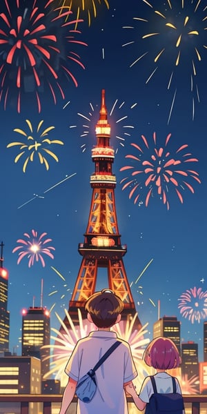 Teenage boy and girl, back view, holding camera, watch fireworks explode over a city skyline, Tokyo tower, one firework like the word 2024, marking the beginning of the new year,best quality, masterpiece