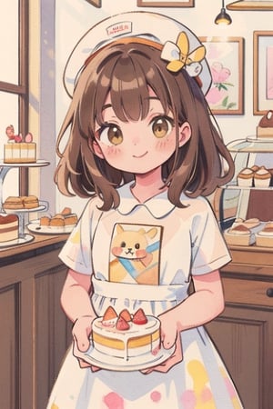 (Watercolor, colorpencil painting), warm pastel color, brown, yellow, kawaii, cute colors, synthetic, transparent, 1girl, pale skin, brown long hair, head_wear, brown eyes, smile, brown vintage dress, headwear, closed mouth, making cakes, (cake shop), vintagepaper