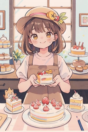 (Watercolor, colorpencil painting), warm pastel color, brown, yellow, pink, kawaii, cute colors, synthetic, transparent, 1girl, pale skin, brown long hair, head_wear, brown eyes, smile, brown vintage dress, headwear, closed mouth, making cakes, (cake shop, indoor), vintagepaper