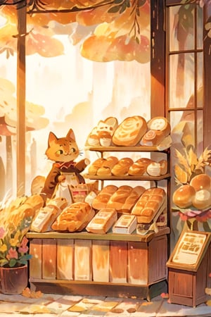 a beautiful artwork illustration, detailed scenery, environment design illustration, highly detailed scene, beautiful anime scenery concept art, immensely detailed scene, vintage paper, more detail XL, Warm pastel colors, brown, shuicaixiaodian, sunset, an outdoor bread shop, window shopping, a brown cat, mascot costume stand outside, cute, kawaii