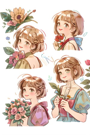 (masterpiece, best quality), hyperdetailed, warm pastel colour, flat color, brown, ultra detailed, smile, detailed eyes, 1 girl, grey braid hair, ((she wears only brown vintage dress, holding bouquet)), charismatic, character sheet, (multiple views, upper body, side body, back body, reference sheet:1),(lora:GirlfriendMix2:1),monochrome,sketch,greyscalee,watercolor, vintagepaper,perfect,hand,fingers