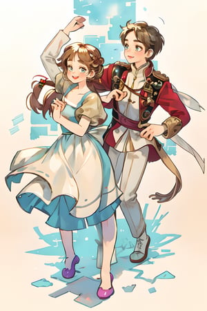 (masterpiece, best quality), hyperdetailed, warm pastel colour, flat color, brown, ultra detailed, smile, detailed eyes, 1 girl like anna, grey long braid hair, 1 boy like prince, black short hair, frozen,  ((she wears vintage dress, dancing)), charismatic, full body, back view ,monochrome, watercolor, vintagepaper,perfect, hand, fingers,hand,fingers