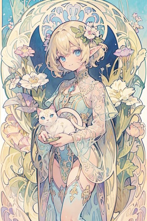 (masterpiece, best quality, highly detailed, ultra-detailed, intricate), illustration, pastel colors, art_nouveau, Art Nouveau by Alphonse Mucha, tarot, A teenage female elf, blonde hair, blue eyes, wearing lingerie, see-through, carrying a cat in her hand, is smiling,  full of innocence, innocence and no fear. The Fool card represents a new beginning, new adventures and challenges, and a spirit of faith, courage, and optimism,watercolor,masterpiece,kawaiitech