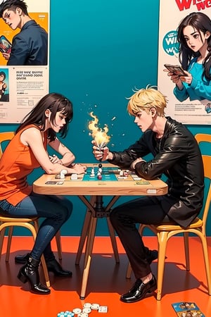1boys and 1girls, teenages, playing board games for win, sit opposite on chair, board games on table, cinematic poster style, orange and blue contrast background, boichi manga style, play board games pose