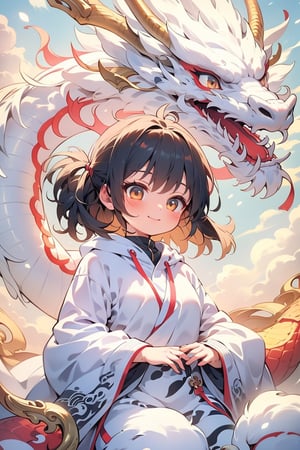 solo, black hair,1 teenage girl, smile, female focus, 1 dragon head, eastern dragon