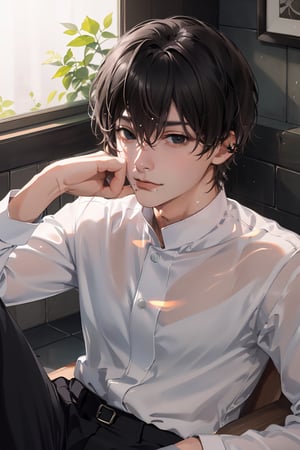 (handsome, black eyes, glowing eyes, sharp eyes,), sexy, looking_at_viewer, an painting of yoshidadef, 1boy, black hair, black eyes, mole under mouth, short hair, ((white shirt, translucent clothing, gakuran, black pants)),  best hands, perfect hands, perfect, hold the head, sitting on a bathtub, washing room, portrait, half body, close up, hair get wet