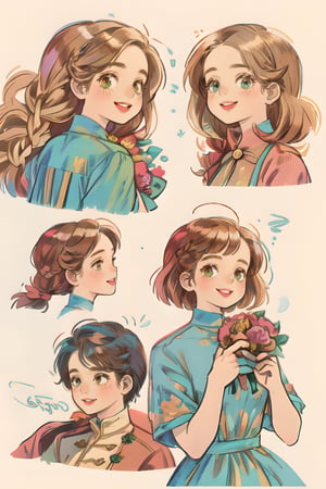 (masterpiece, best quality), hyperdetailed, warm pastel colour, flat color, brown, ultra detailed, smile, detailed eyes, 1 girl, grey long braid hair, ((she wears only brown vintage dress, holding bouquet)), charismatic, character sheet, (multiple views, upper body, side body, back body, reference sheet:1),(lora:GirlfriendMix2:1),monochrome,sketch,greyscalee,watercolor, vintagepaper,perfect, hand, fingers, anna, frozen
