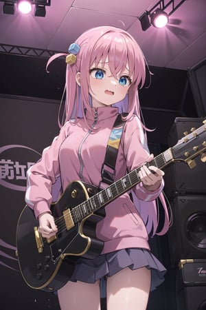 (masterpiece),1girl, ,gotou1,  solo, skirt, pink jacket, track jacket, bangs, hair between eyes, long sleeves, medium breasts, bard, long hair, pink hair, quiver, guitar, instrument, ((indoor live concert background, stage on)), open mouth