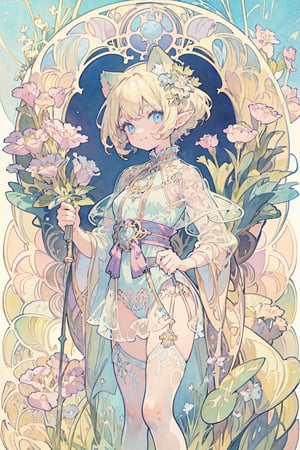 (masterpiece, best quality, highly detailed, ultra-detailed, intricate), illustration, pastel colors, art_nouveau, Art Nouveau by Alphonse Mucha, tarot, A teenage female elf, blonde hair, blue eyes, wearing lingerie, see-through, carrying a cane in her hand, is smiling, ((A cute cat next to her)),full of innocence, innocence and no fear. The Fool card represents a new beginning, new adventures and challenges, and a spirit of faith, courage, and optimism,watercolor,masterpiece,kawaiitech