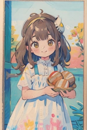 (Watercolor, colorpencil painting), warm pastel color, kawaii, cute colors, synthetic, transparent, 1girl, pale skin, brown long hair, headpiece, brown eyes, smile, vintage dress, closed mouth, seller, bread shop, vintagepaper,watercolor