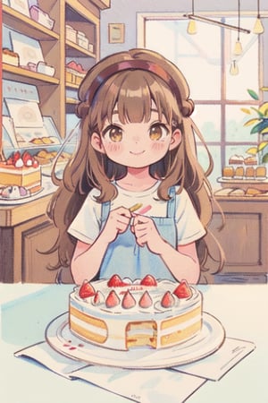 (Watercolor, colorpencil painting), warm pastel color, (brown), kawaii, cute colors, synthetic, transparent, 1girl, pale skin, brown long hair, headpiece, brown eyes, smile, vintage dress, closed mouth, making cakes, (cake shop, indoor) vintagepaper,watercolor