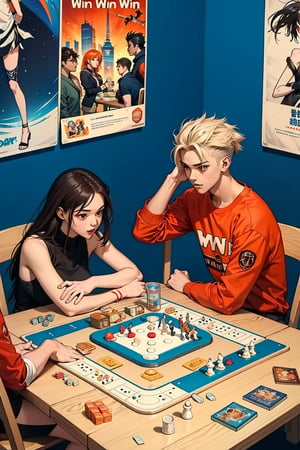 1boys and 1girls, teenages, playing board games for win, sit opposite on chair, board games on table, cinematic poster style, orange and blue contrast background, boichi manga style, play board games pose