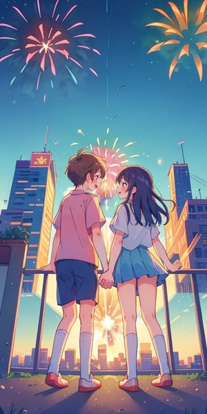 Teenage boy and girl, back view, holding hands, watch fireworks explode over a city skyline,best quality, masterpiece,BOTTOM VIEW