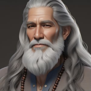 masterpiece, best quality, 1male. 50 years old, long grey hair,  grey long beard, brown skin, wearing American clothes and jewelry, extremely detailed CG unity 8K wallpaper, Elderly,(MkmCut)