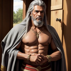 masterpiece, best quality, 1male. 50 years old, long grey hair and beard, taino, wearing native american clothes and jewelry, extremely detailed CG unity 8K wallpaper