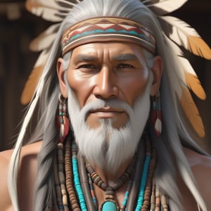 masterpiece, best quality, 1male. 50 years old, long grey hair,  grey long beard, brown skin, wearing native american clothes and jewelry, extremely detailed CG unity 8K wallpaper, Elderly,(MkmCut)