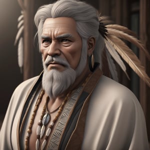 masterpiece, best quality, 1male. 50 years old, long grey hair,  grey long beard, brown skin, wearing native american clothes and jewelry, extremely detailed CG unity 8K wallpaper, Elderly,(MkmCut)