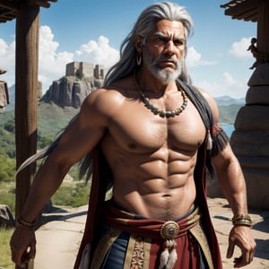 masterpiece, best quality, 1male. 50 years old, long grey hair and beard, Taino, wearing native american clothes and jewelry, extremely detailed CG unity 8K wallpaper