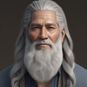 masterpiece, best quality, 1male. 50 years old, long grey hair,  grey long beard, brown skin, wearing American clothes and jewelry, extremely detailed CG unity 8K wallpaper, Elderly,(MkmCut)