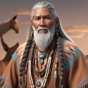 masterpiece, best quality, 1male. 50 years old, long grey hair,  grey long beard, brown skin, wearing native american clothes and jewelry, extremely detailed CG unity 8K wallpaper, Elderly,(MkmCut)