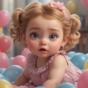 a litter baby with pink, pink dress and earrings with a flower in her hair, baby happy, blue bulging eyes, baby room, colored cubes with letters, balloons, baby smiling and happy, fantasy art, anime visual, Artgerm, a photorealistic painting