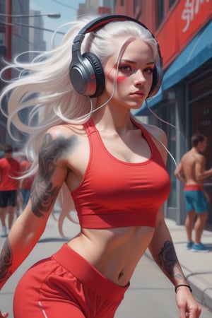 young girl exercising on the street, red two-piece gym clothes, tattoos on her body and fluorescent face, large headphones, long and robust white hair, fantasy image, fantasy art, stanley artgerm lau, a photorealistic painting, 