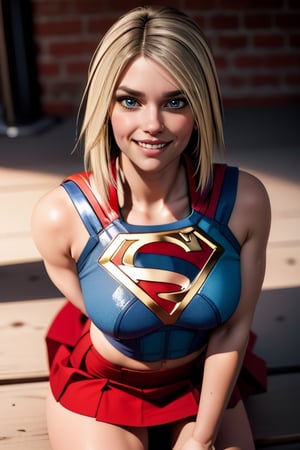 1 beautiful 30 year old woman, (red skirt), The camera is positioned very close to her revealing her entire body as she adopts a sexy_pose, perfect face, masterpiece, smilling, perfect composition, ultra-detail,kara,Supergirl