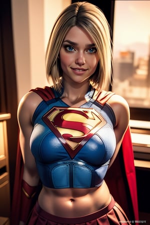 1 beautiful 30 year old woman, (red skirt), The camera is positioned very close to her revealing her entire body as she adopts a sexy_pose, perfect face, masterpiece, smilling, perfect composition, ultra-detail,kara,Supergirl