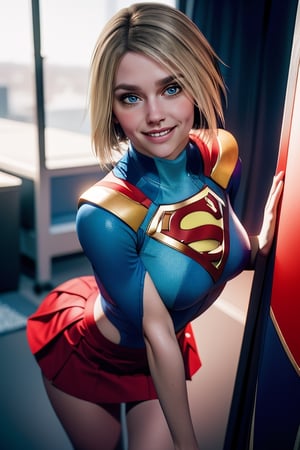 1 beautiful 30 year old woman, (red skirt), The camera is positioned very close to her revealing her entire body as she adopts a sexy_pose, perfect face, masterpiece, smilling, perfect composition, ultra-detail,kara,Supergirl