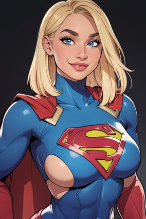 supergirl,kara,agawa,vibrant colors,warm palette,expressive,solid shading, kind look, sexy, blond_hair, whole body, smilling, looking_at_viewer