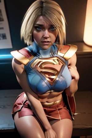 1 beautiful 30 year old woman, (red skirt), The camera is positioned very close to her revealing her entire body as she adopts a sexy_pose, perfect face, masterpiece, perfect composition, ultra-detail,kara,Supergirl